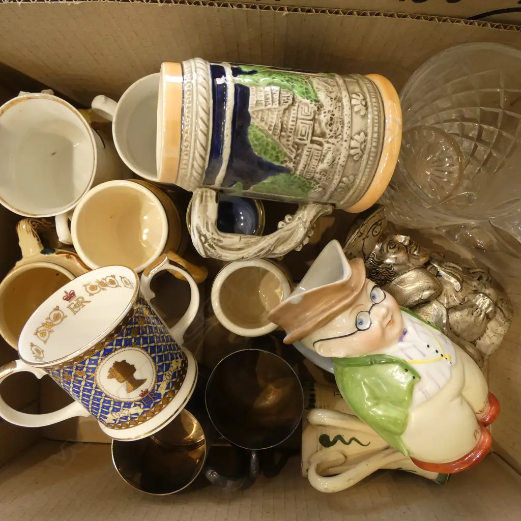 BOX OF 15 MIXED COLLECTABLE BEER MUGS CHINA GLASS PEWTER ETC Image 1++