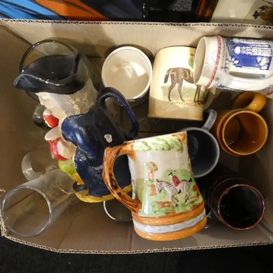 BOX OF 12 MIXED DESIGNS BEER MUGS CHINA GLASS ETC