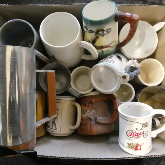 BOX OF 15 MIXED COLLECTABLE BEER MUGS CHINA GLASS PEWTER ETC