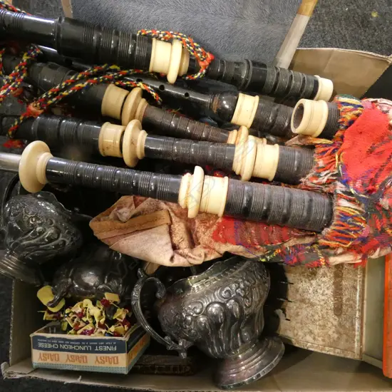ASST. SILVER PLATE, STAMPS, BAGPIPES ETC