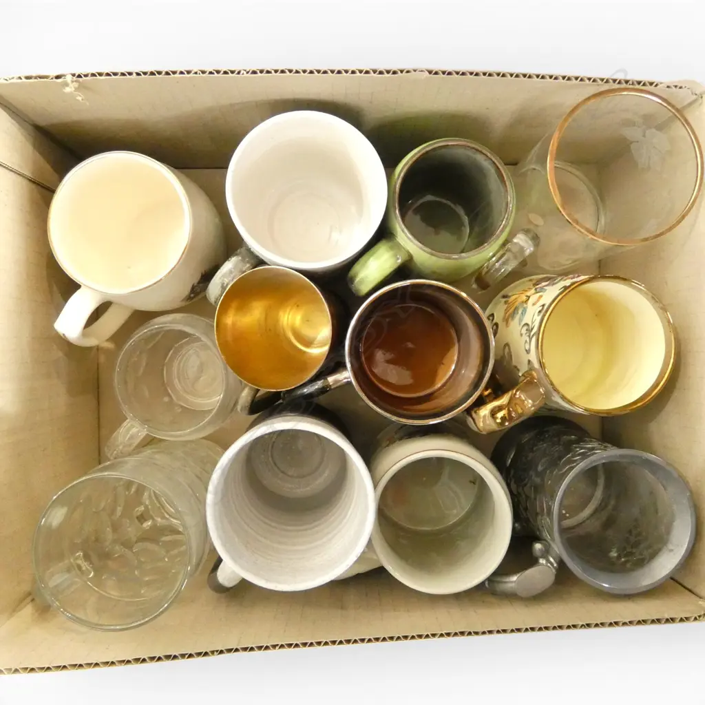 BOX OF 12 MIXED DESIGNS BEER MUGS CHINA GLASS ETC Image 1++