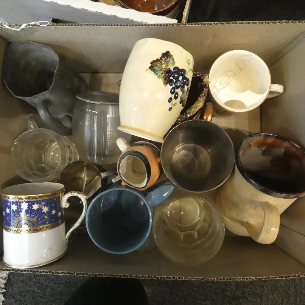 TRAY OF 20  MIXED BEER MUGS  CHINA GLASS SILVER PLATE ETC Image 1++