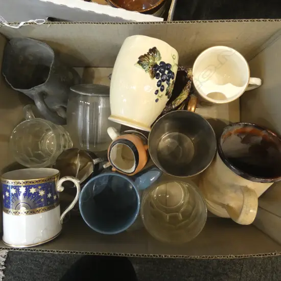 TRAY OF 20  MIXED BEER MUGS  CHINA GLASS SILVER PLATE ETC
