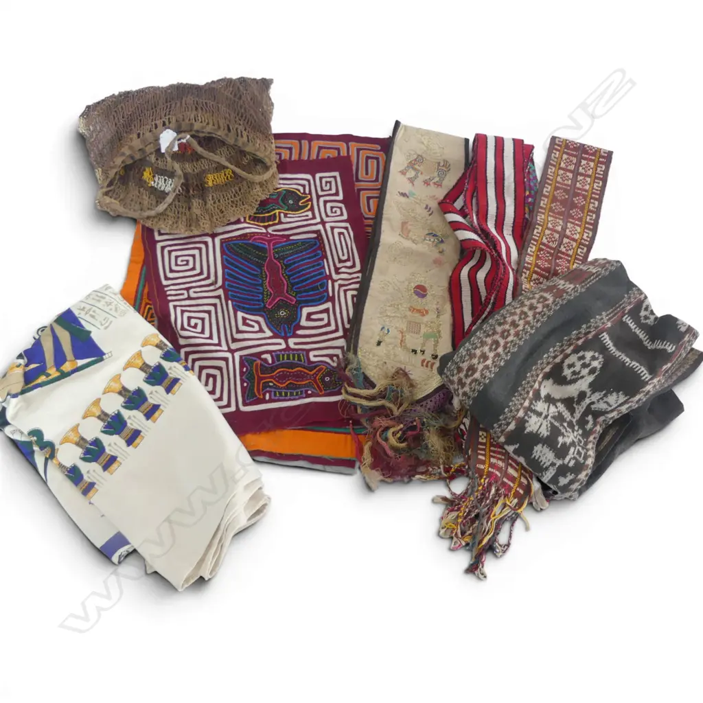 SELECTION VINTAGE TRIBAL TEXTILES: 4 FINE EMBROIDERED CUSHION COVERS + PNG bilum + indonesian ikat + belts etc Image 1++