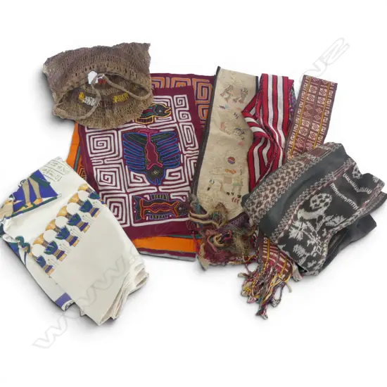SELECTION VINTAGE TRIBAL TEXTILES: 4 FINE EMBROIDERED CUSHION COVERS + PNG bilum + indonesian ikat + belts etc