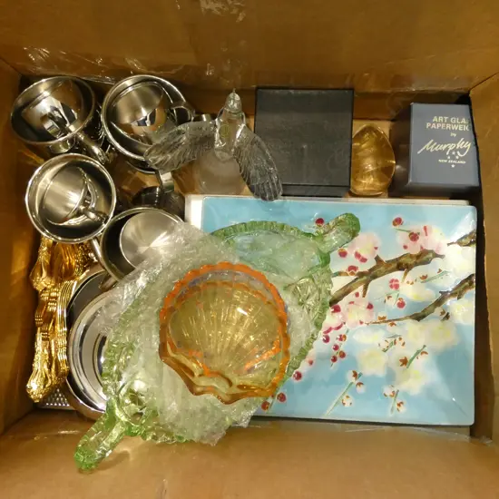 ASST. GLASS PAPERWEIGHTS, STAINLESS STEEL KITCHENALIA, CUTLERY etc