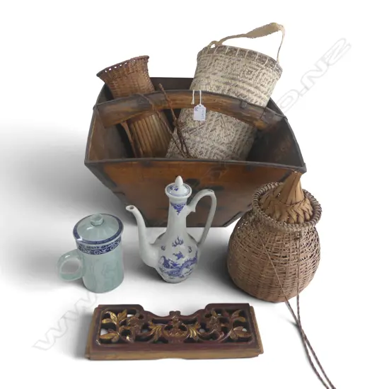 VINTAGE ORIENTAL BUCKET 390x390mm + 3 WOVEN PIECES ETC