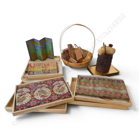 ASST. ORIENTAL BAMBOO PIECES, BOXED FABRICS ETC