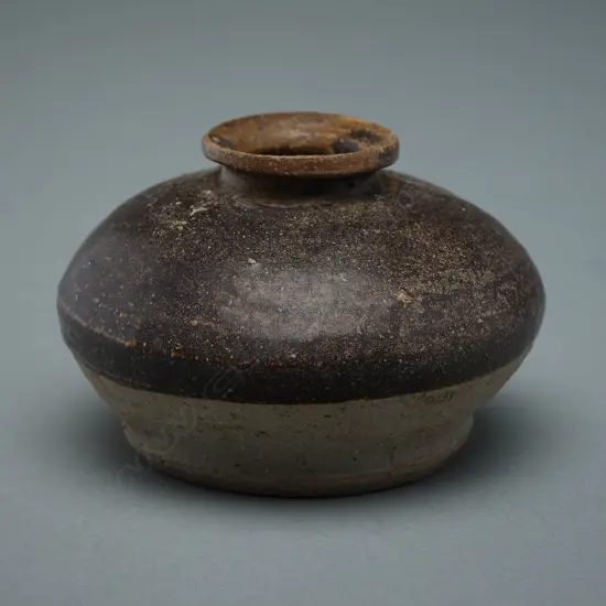 Sawankhalok stoneware greyish brown clay jar, c.15thC, ovoid body, H.62mm