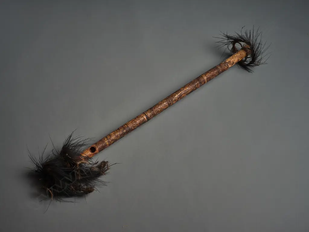 PNG Sepik River ceremonial flute, decorated bamboo with feather & woven discs, L.860mm Image 1++