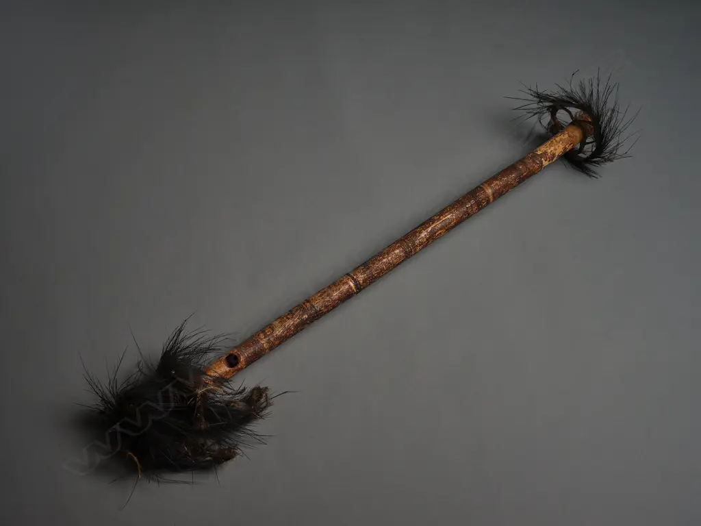 PNG Sepik River ceremonial flute, decorated bamboo with feather & woven discs, L.860mm Image 1++