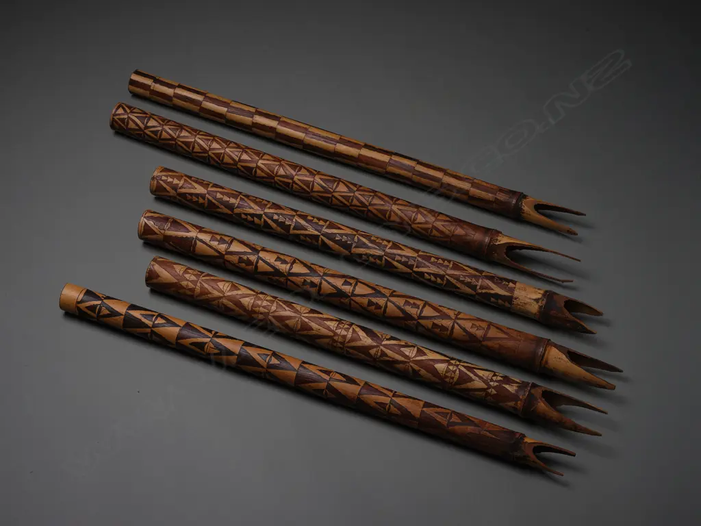 Six incised bamboo flutes, Vanuatu,  L.670mm (longest) (some damage to one tip) Image 1++