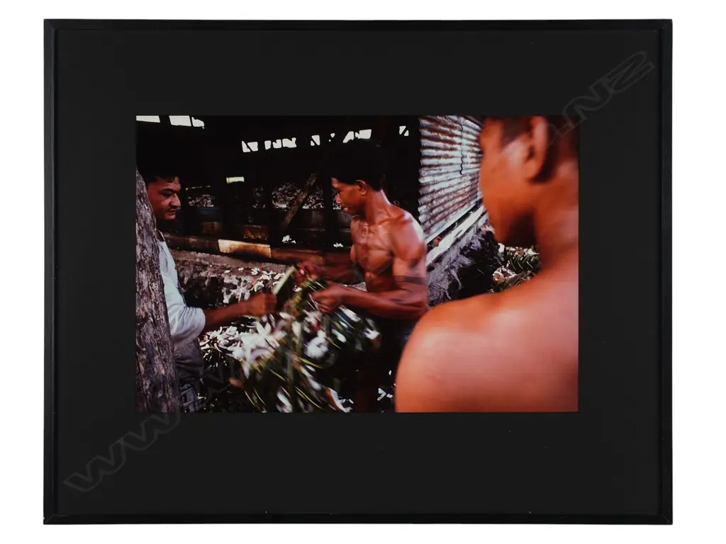 Arno Gasteiger (1962-) ‘Copra workers in Lalomalava Savai’I, Western Samoa June 1996’, colour photographic print, framed Image 1++