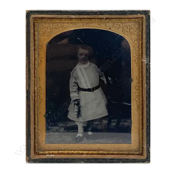 Gilt framed and leather cased ambrotype of standing child with gilt buckle, 120 x 95mm, (cover missing)