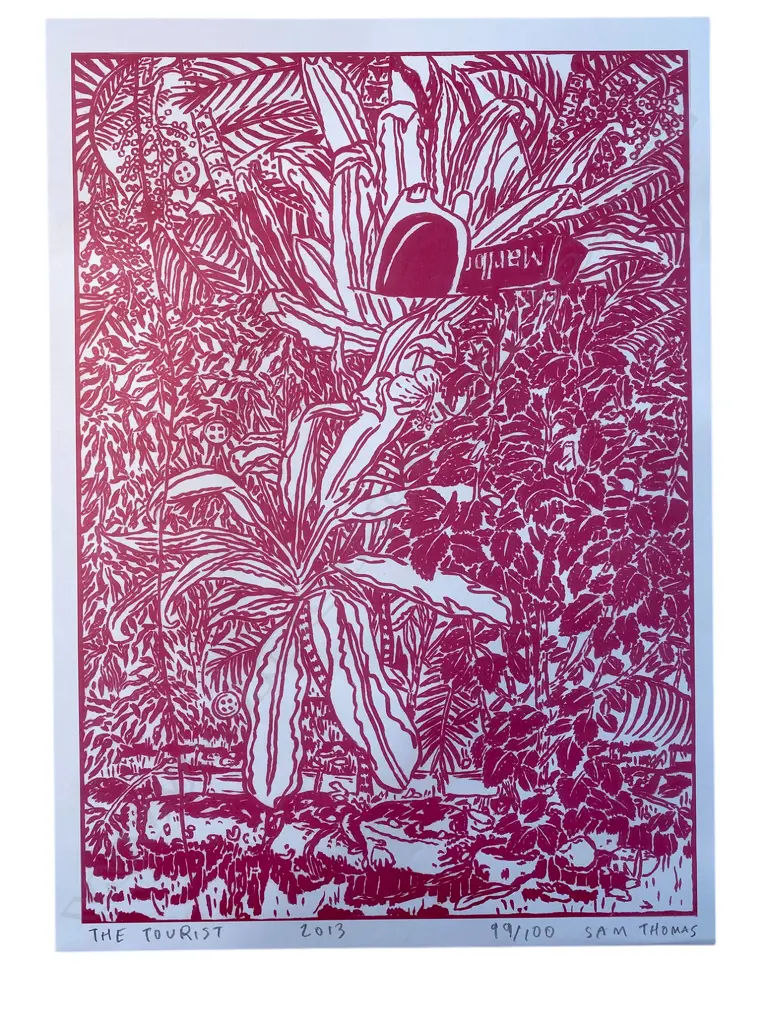 Sam Thomas (1989-) ‘The Tourist (99/100)', NZ, 2013, linocut, 416 x 296mm (image) Image 1++