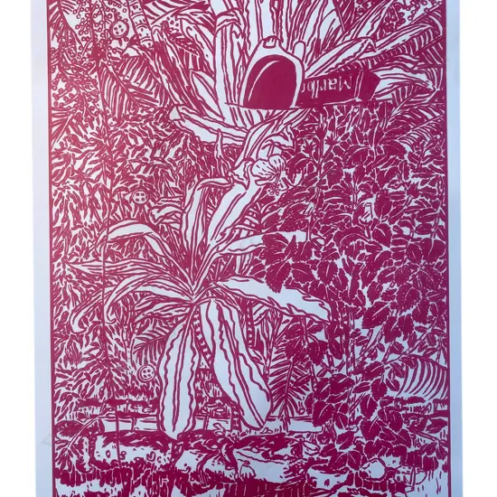 Sam Thomas (1989-) ‘The Tourist (99/100)', NZ, 2013, linocut, 416 x 296mm (image)