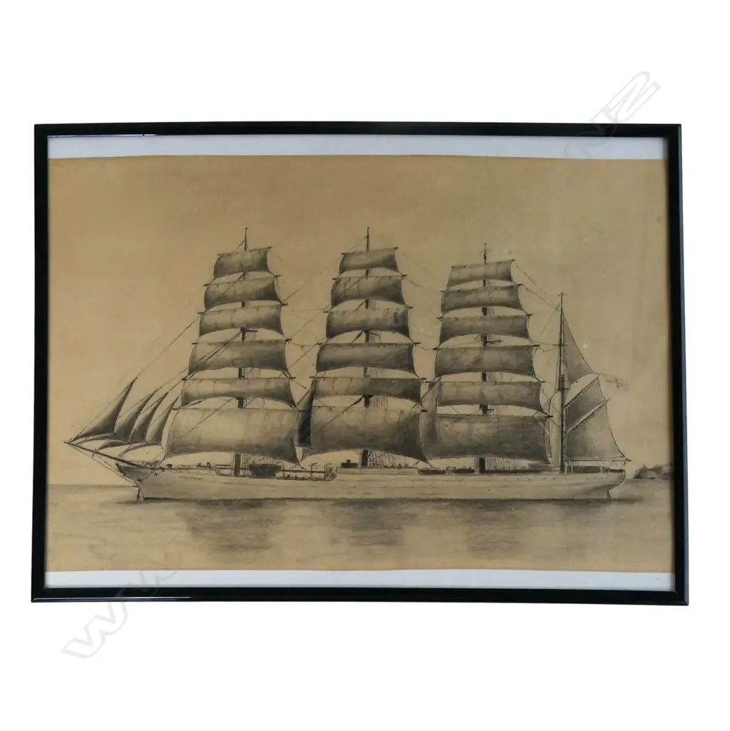 Unidentified artist 'The barque Pamir' (under the Finnish flag), NZ, c.1940, 265 x 411mm, conté crayon on paper, 265 x 4 Image 1++