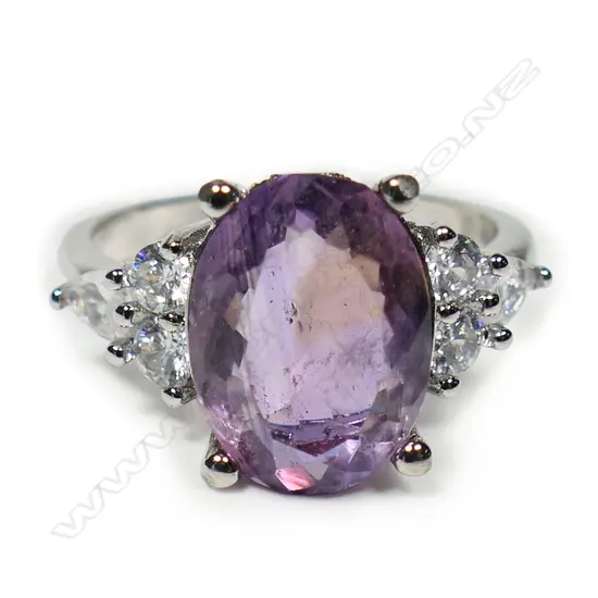 AMETHYST & CZ DRESS RING SILVER PLATED AIG REPORT SIZE Q
