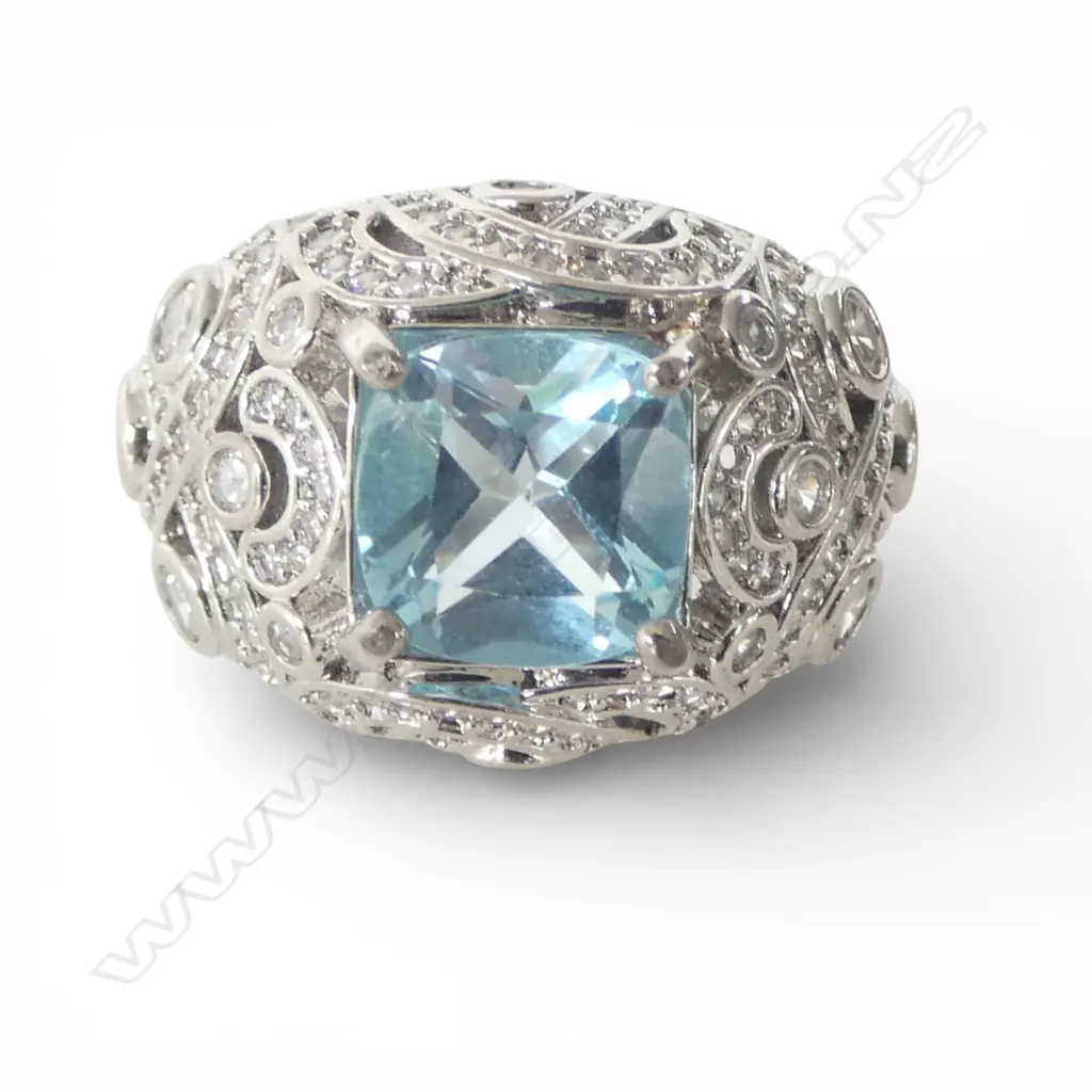 BLUE TOPAZ & CZ COCKTAIL RING, SILVER PLATED, AIG REPORT SIZE Q Image 1++