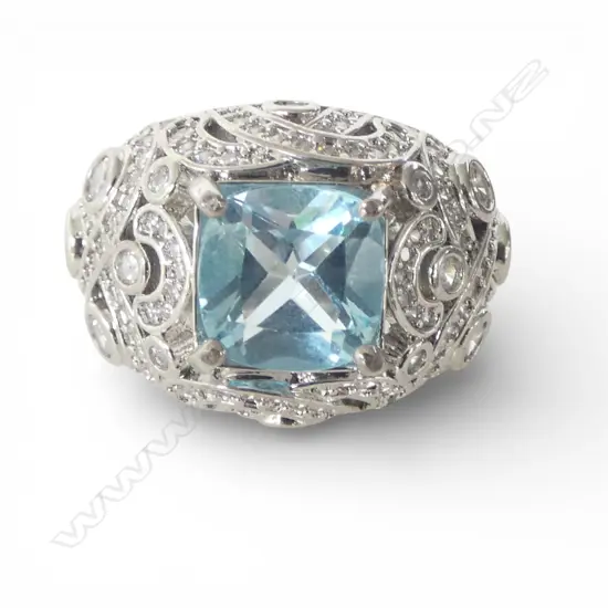 BLUE TOPAZ & CZ COCKTAIL RING, SILVER PLATED, AIG REPORT SIZE Q