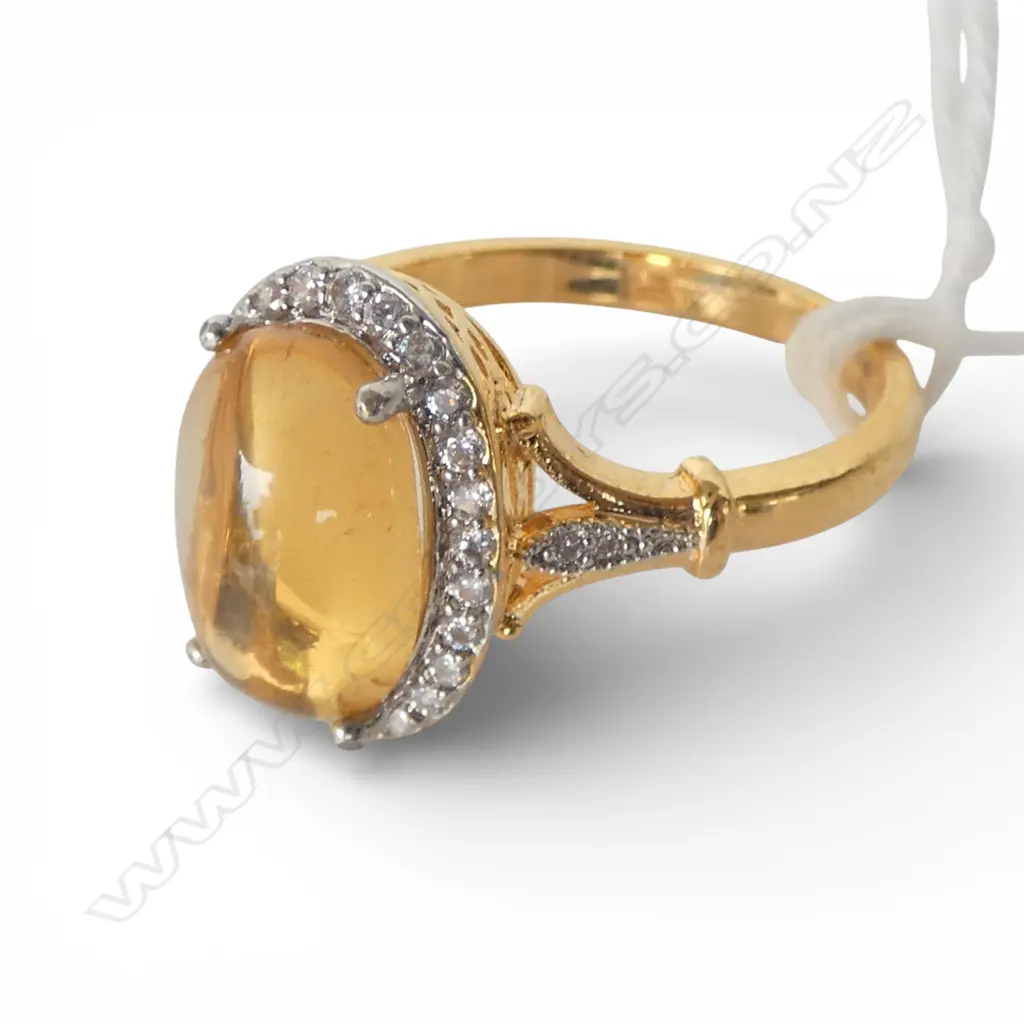 GOLDEN CITRINE & CZ DRESS RING, GILT FINISH, AIG REPORT size P1/2 Image 1++