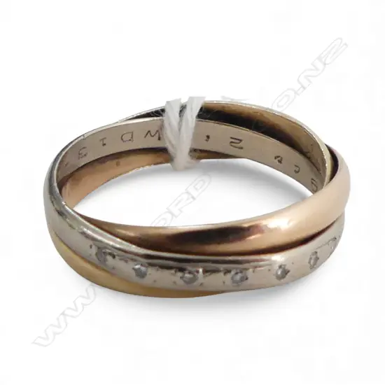 9CT TRI-COLOURED 7 SMALL DIAMOND RUSSIAN  STYLE RING, 3.2gms SIZE N