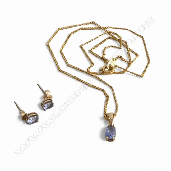 9CT BLUE STONE PENDANT (0.5gms) ON GP CHAIN + PR MATCHING 9CT EARRINGS (0.7gms)