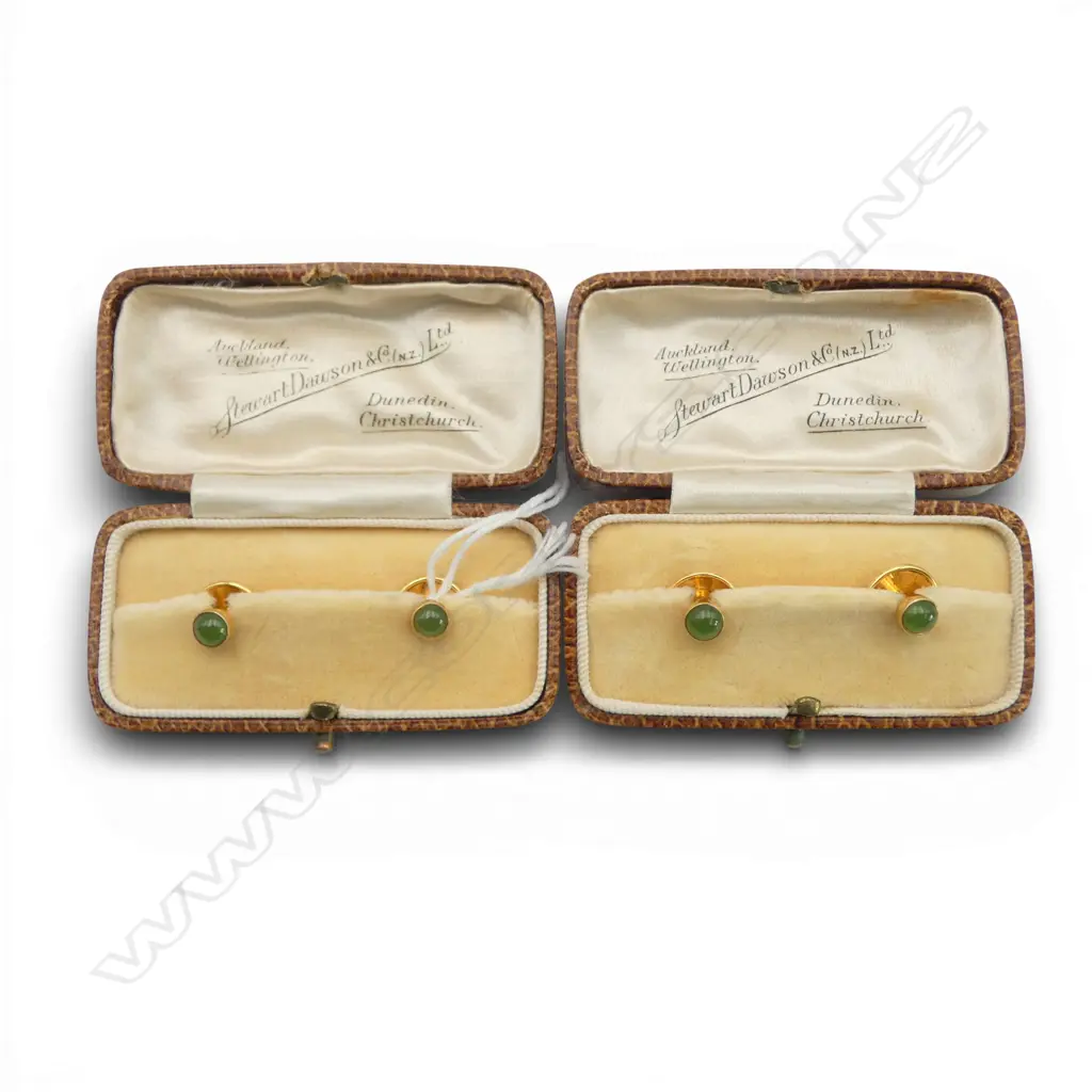 2 BOXED PRS 9ct GOLD & GREENSTONE SHIRT STUDS the boxes marked Stewart Dawson & Co. Image 1++