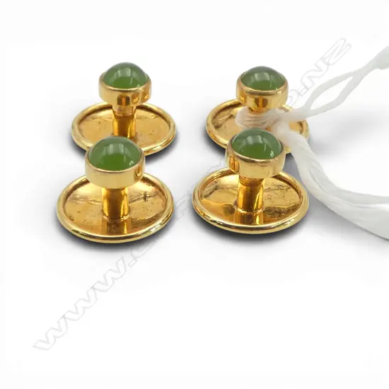 2 BOXED PRS 9ct GOLD & GREENSTONE SHIRT STUDS the boxes marked Stewart Dawson & Co.