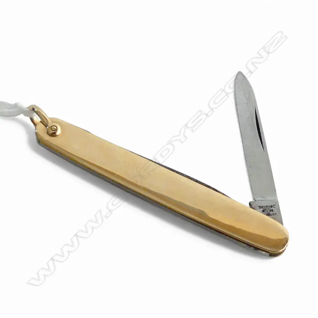 14ct GOLD panelled POCKETKNIFE L.65mm 14.7gms gold panels brass body w steel blades Image 1++