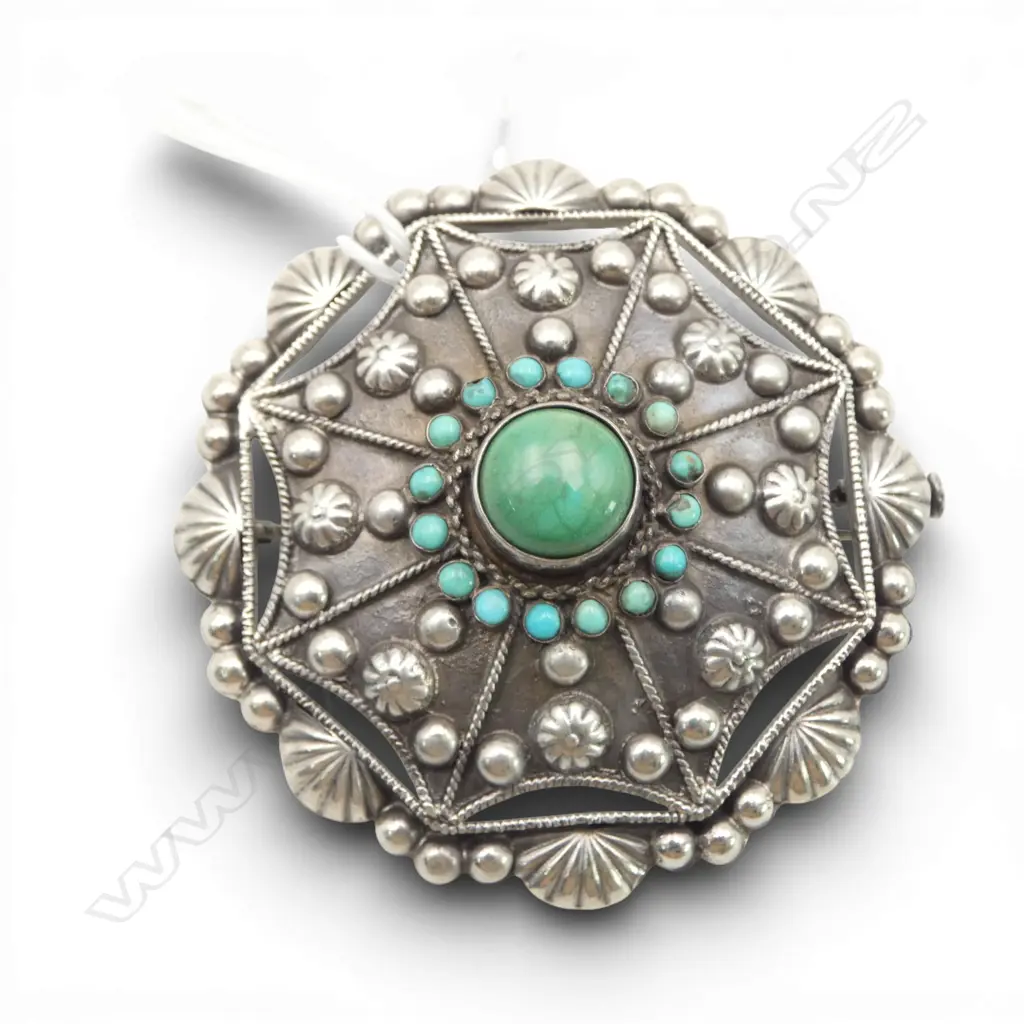 LARGE vintage 800 SILVER & TURQUOISE BROOCH Dia.60mm. Marked 800 & 84i Image 1++