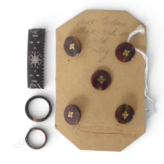 5 vintage Pacific Is. tortoiseshell piqué buttons with gold designs together with a brooch + two rings with silver