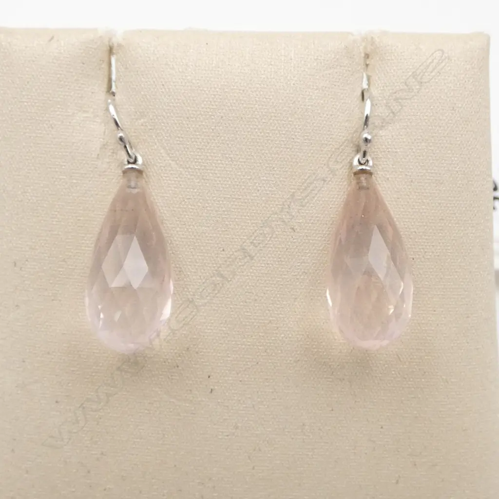 A pair of 18ct white gold and rose quartz drop earrings, Image 1++