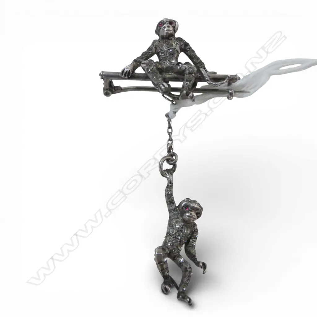STG SILVER 2 MONKEY BROOCH set w faux diamonds. 1 hanging from the other by a chain Image 1++