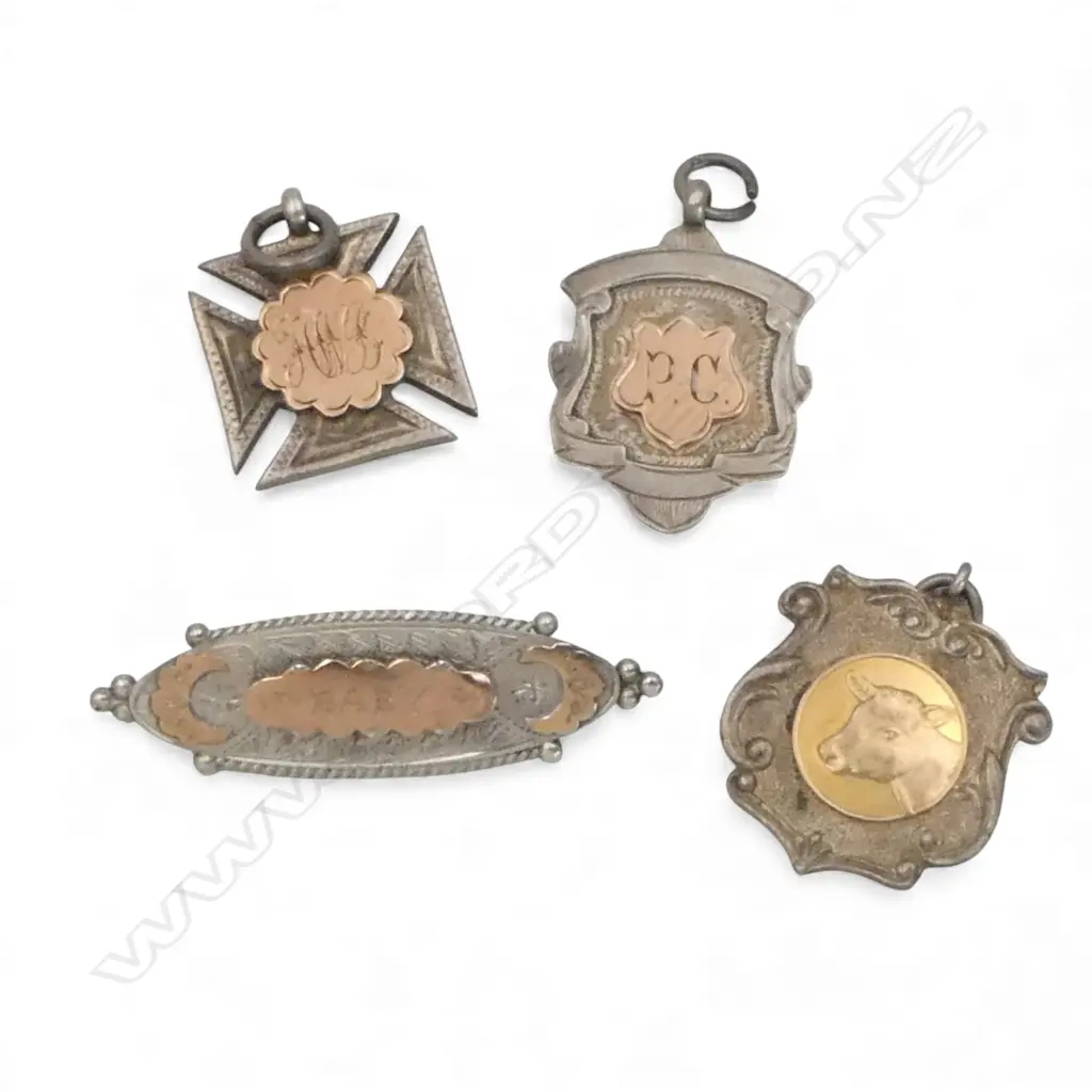 3 STG SILVER & GOLD FOB MEDALLIONS + BROOCH 24gms Image 1++