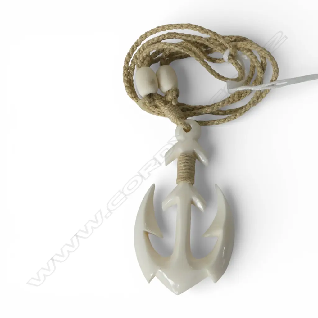 CARVED BONE ANCHOR PENDANT on chord w bone fastenings Image 1++