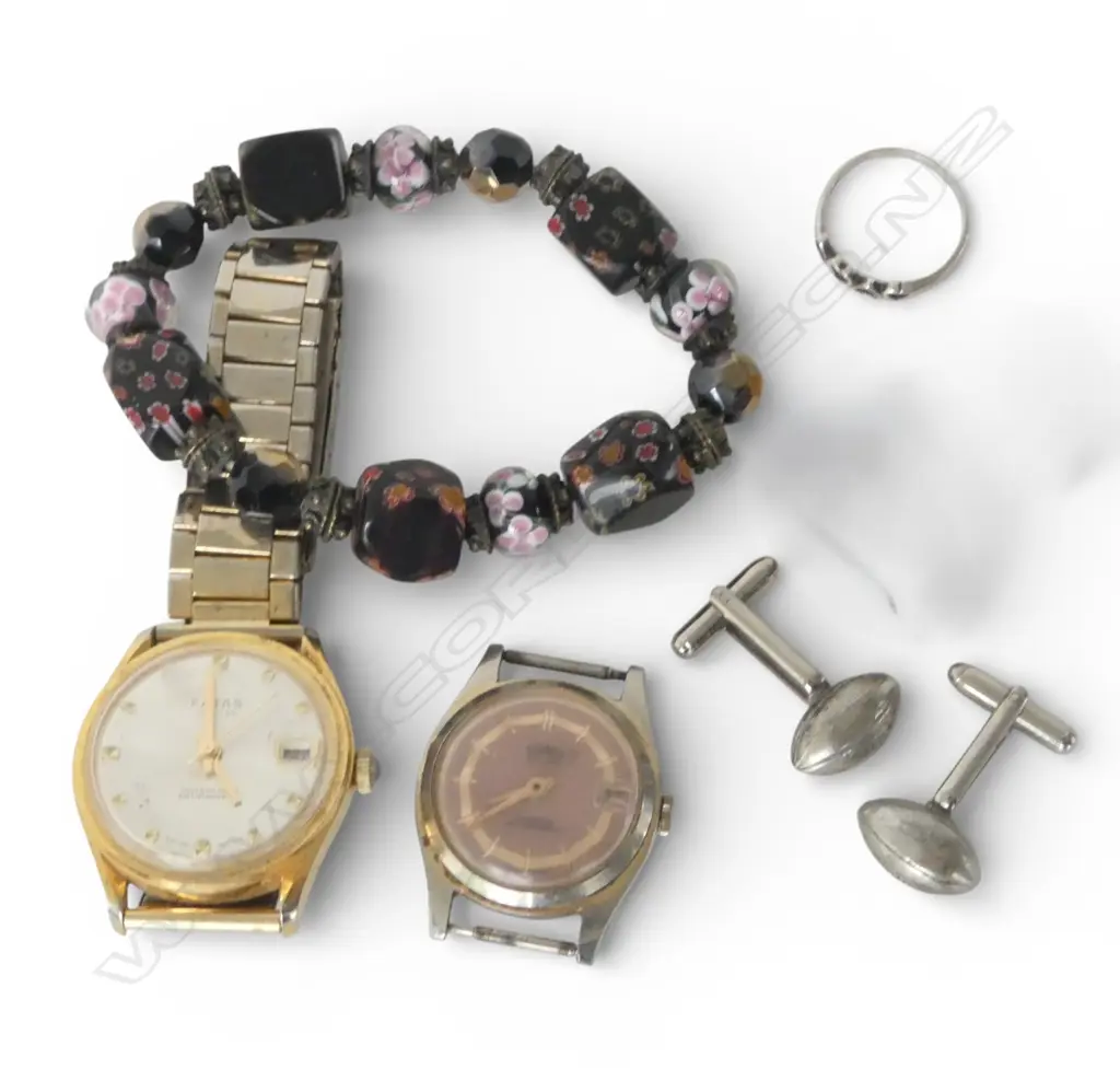 ASST. JEWELLERY & 2 WRISTWATCHES: millefiori glass bead bracelet + rugby ball cufflinks etc Image 1++