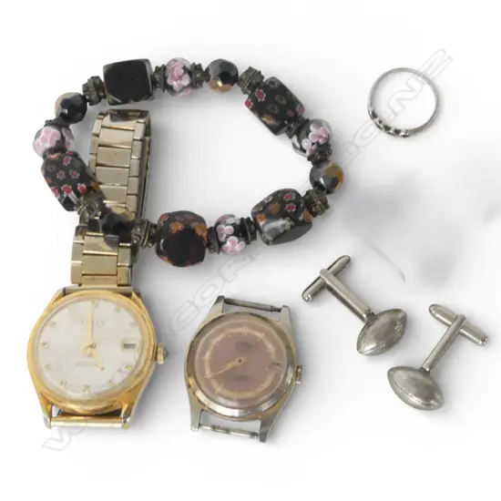 ASST. JEWELLERY & 2 WRISTWATCHES: millefiori glass bead bracelet + rugby ball cufflinks etc