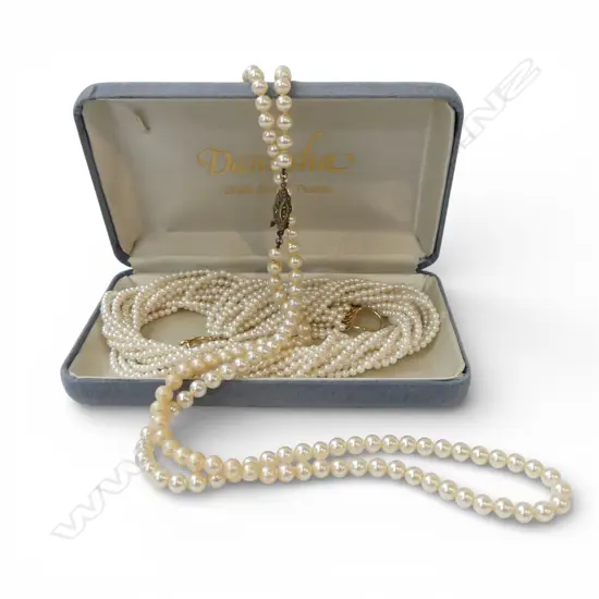 SHELL BASED CULTURED PEARLS with SILVER CLASP 880MM LONG. & SIMULATED ROPE TWIST PEARLS R/G CLASP
