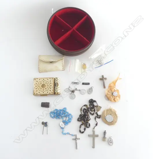 ASST. ROSARY BEADS, SAINT PENDANTS, etc IN JEWELLERY BOX
