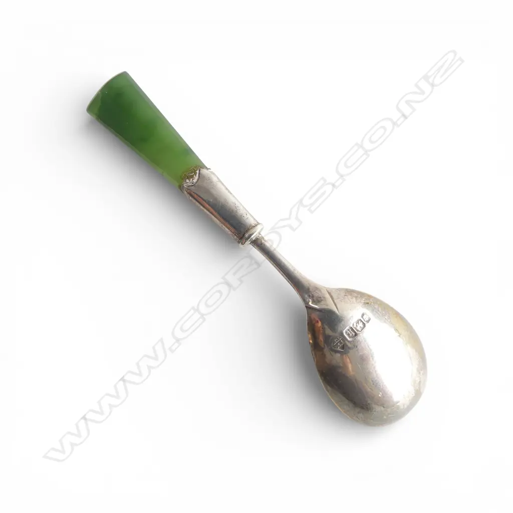 S/SILVER & JADE HANDLED MUSTARD SPOON  Image 1++