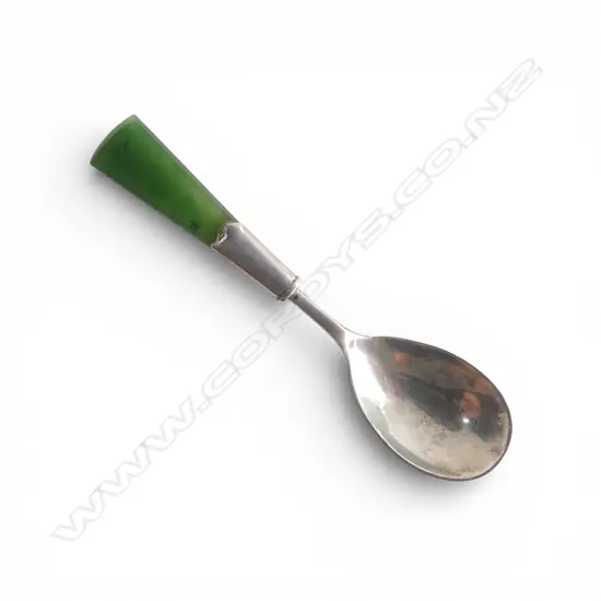 S/SILVER & JADE HANDLED MUSTARD SPOON 