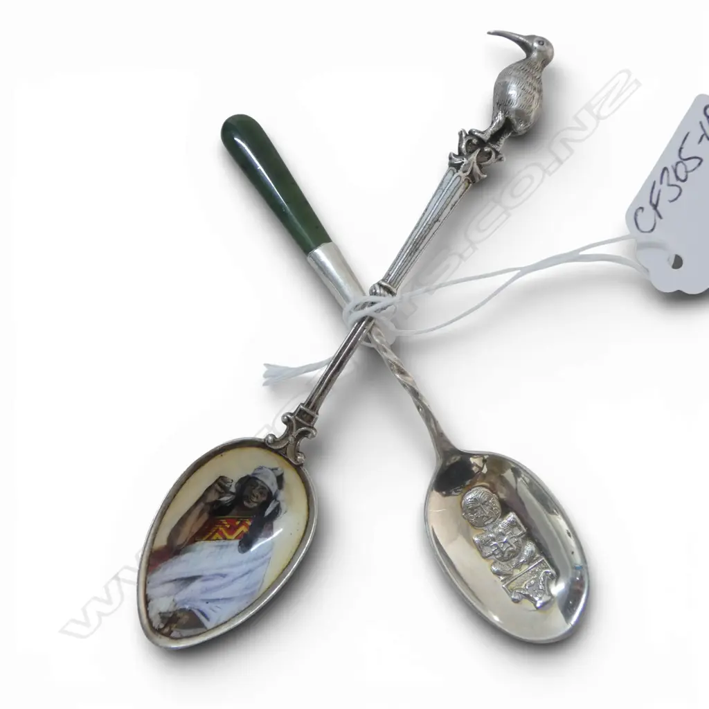 Two NZ Stg Silver teaspoons Maori figures & kiwi Image 1++