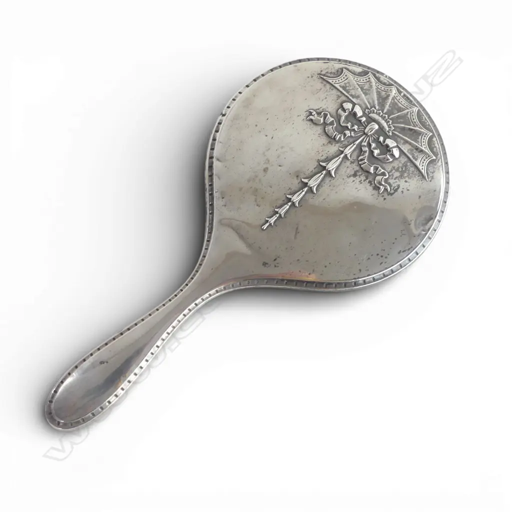BIRMINGHAM 1912 SILVER HAND MIRROR relief fan & bow restrained design Image 1++