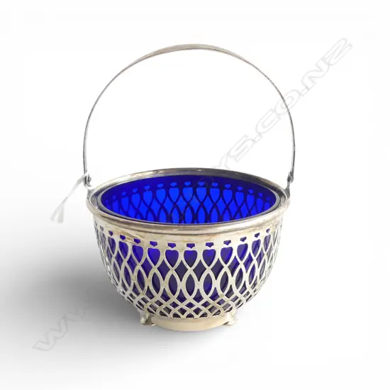 S/SILVER BLUE GLASS LINED SUGAR BOWL SILVER WEIGHT 51GMS