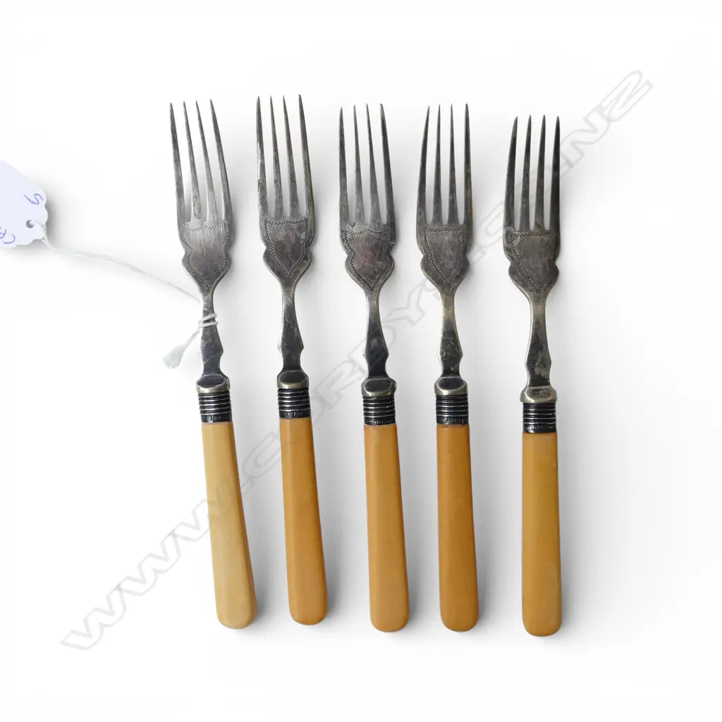 5 LATE 19thC IVORINE 'BONE' FORKS w. stg silver collars Image 1++