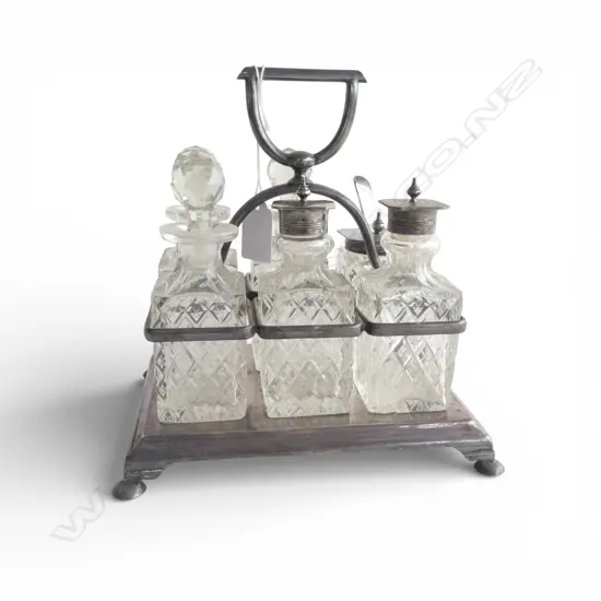 EP CUT GLASS CRUET SET, MAKER JOHN ROUND & SON SHEFFIELD, 2 glass vessels chipped