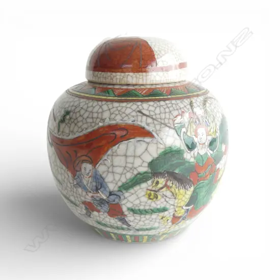 CHINESE CRACKLE GLAZE FAMMILE ROSE LIDDED GINGER JAR H140MM