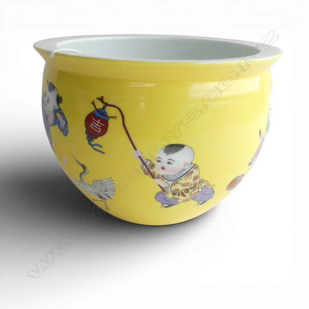 CHINESE PORCELAIN BALUSTER JARDINIERE famille rose children w peaches on bright yellow ground Dia.255mm Image 1++