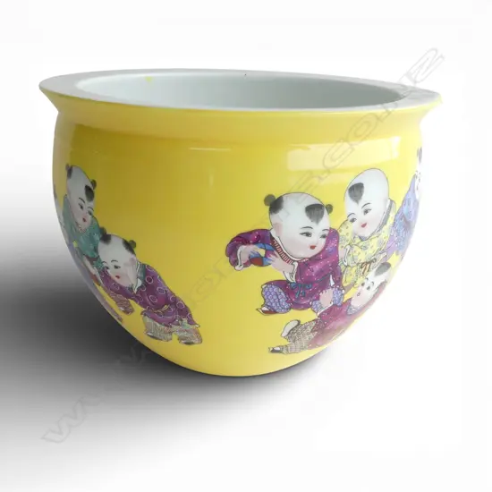 CHINESE PORCELAIN BALUSTER JARDINIERE famille rose children w peaches on bright yellow ground Dia.255mm